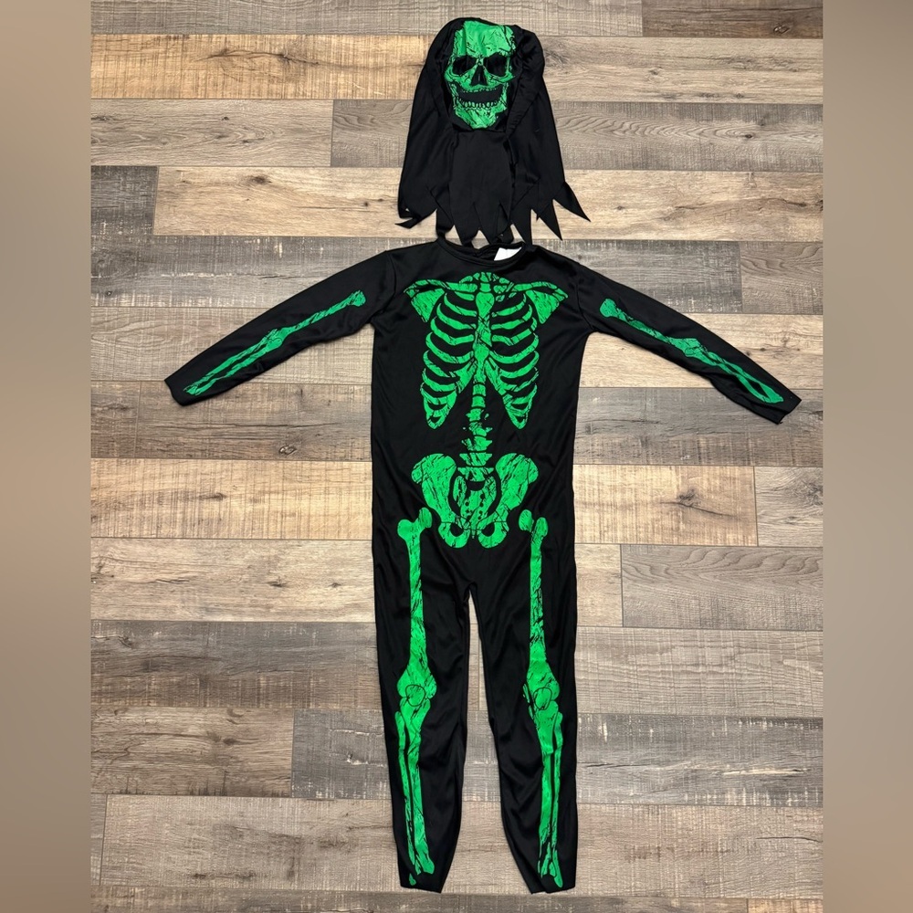 Spooky Skeleton Kids Costume with Hood - Black and Green